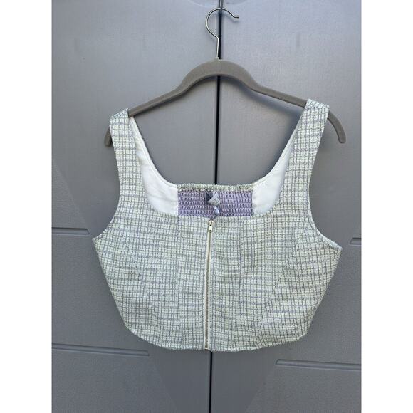 WAYF Tweed Green Gold Metallic Zipper Cropped Bustier Corset Top Smocked Back M - Picture 2 of 10